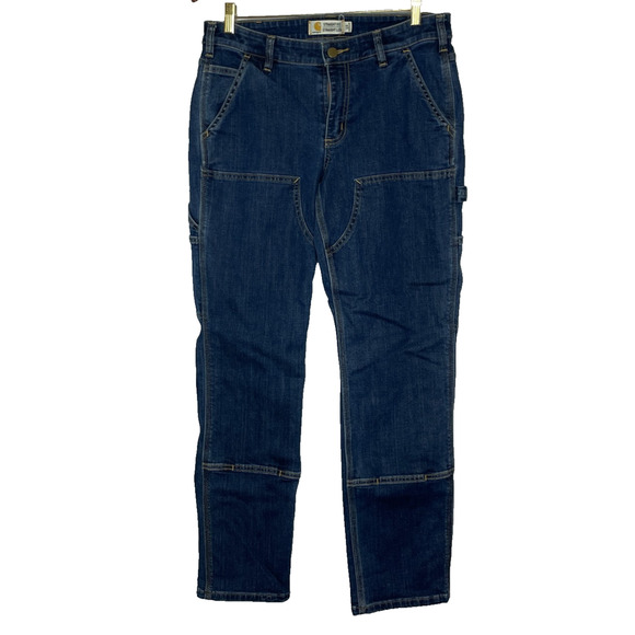 Women's 10 Carhartt Straight Leg Double Knee Dark Wash Cotton Blend Jeans - Picture 1 of 6